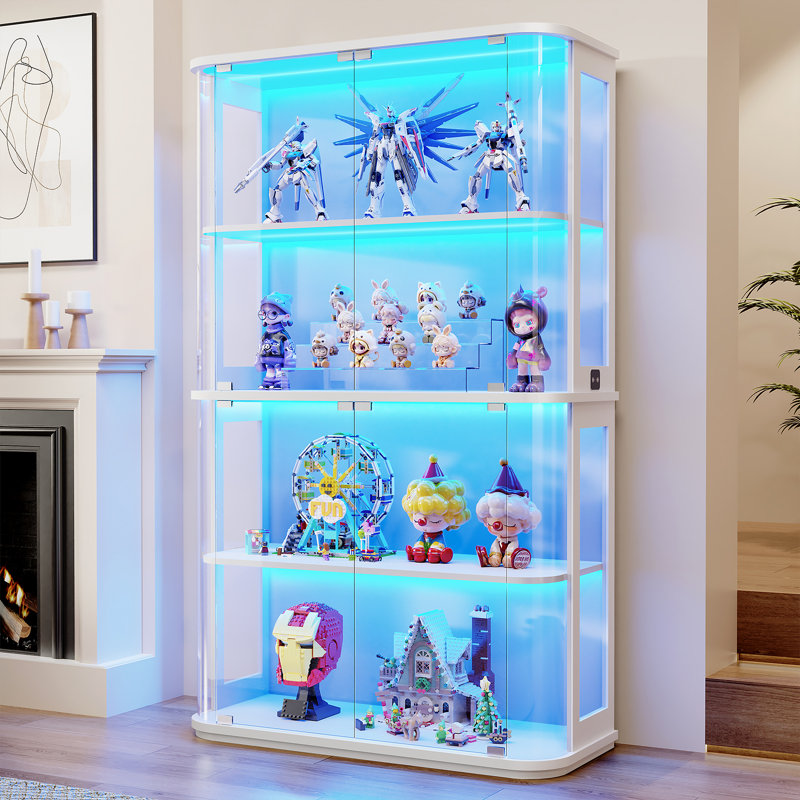 Grande vitrine arrondie avec porte en verre, vitrine à 4 niveaux avec 3 lumières colorées pour objets de collection, vitrine en verre avec surface transparente, capteur de corps humain, noir
