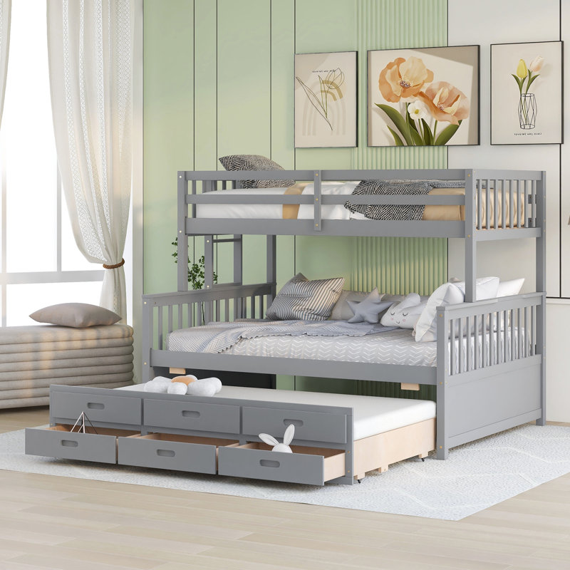 Twin-Over-Full Bunk Bed With Twin Size Trundle , Separable Bunk Bed With Drawers For Bedroom, Gray