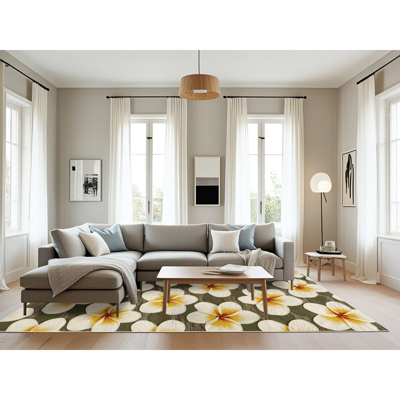 Machine Washable Botanical Beige Area Rug, Rectangle 6' x 9'