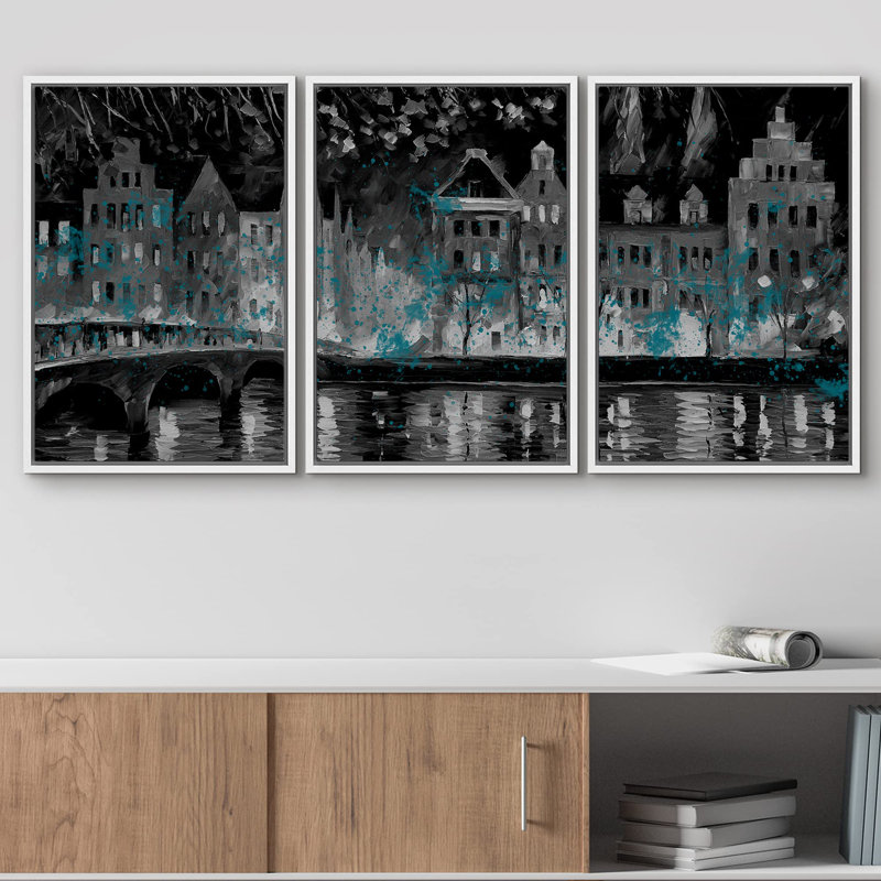 Blue River Bridge, décorations murales pour le salon de la chambre à coucher, H 24 po x l 48 po, Cadre flottant blanc