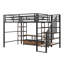 Lit mezzanine double en métal avec escalier, table de rangement basse et tablettes de rangement, idéal pour créer des espaces de chambre fonctionnels et peu encombrants