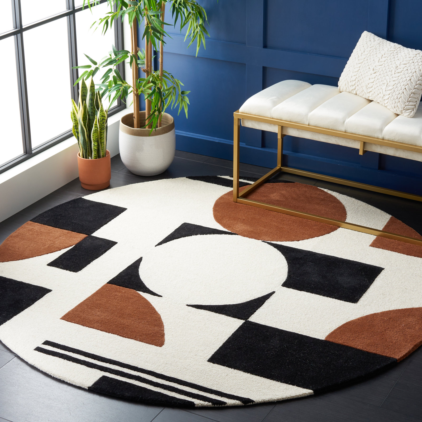 Antoni Handmade Wool Ivory/Black/Brown Rug, Round 6'