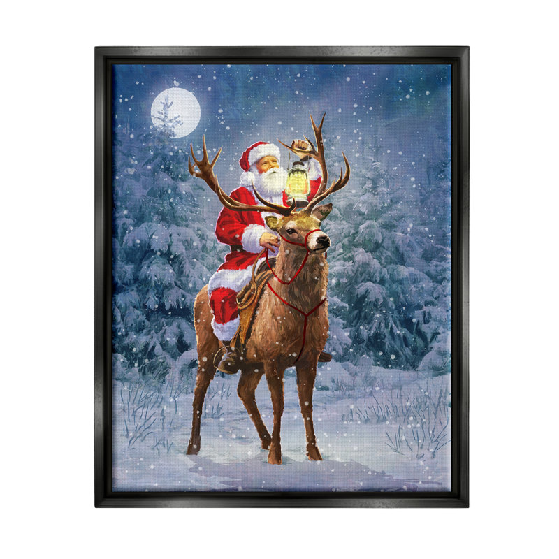 «Santa Riding Reindeer Landscape» par Pip Wilson, peinture, Cadre flottant noir de jais, H 31 po x l 25 po x P 1,7 po