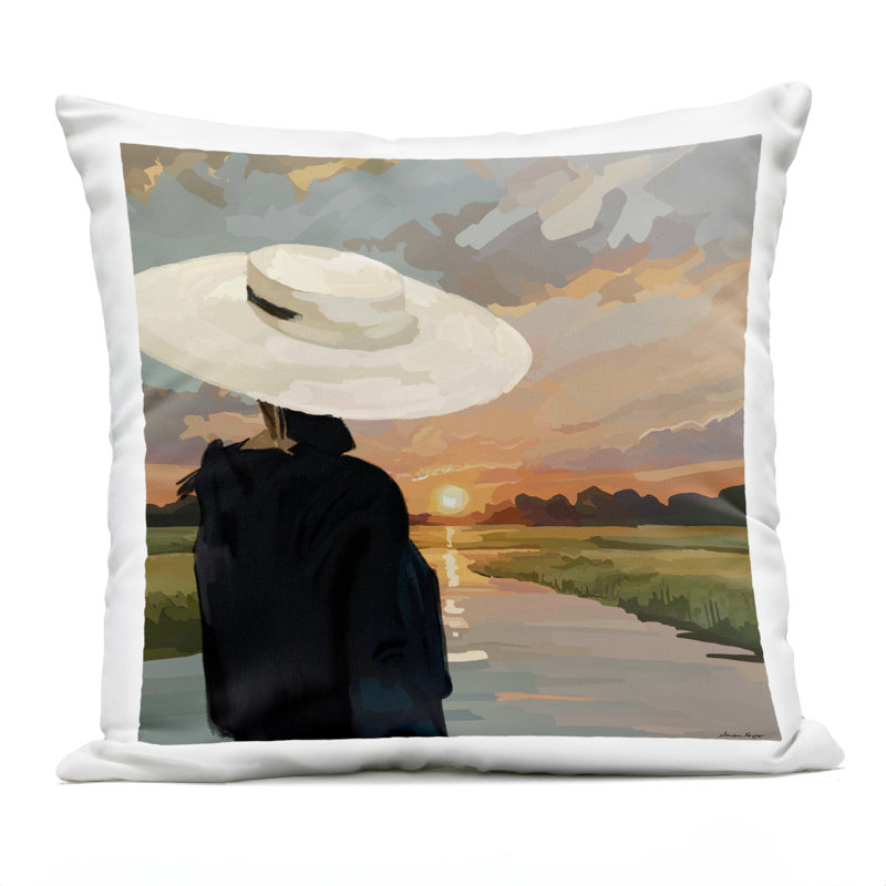 Coussin d'extérieur imprimé à la mode femme regardant le coucher du soleil, design par Amelia Noyes