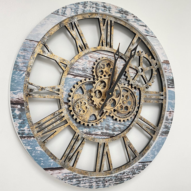 24" Aqua Green and Bronze Industrial Wall Clock with Moving Gears