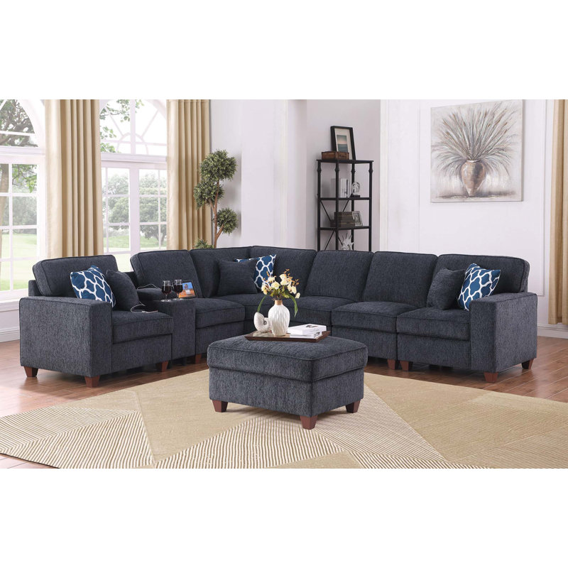 Sectional Sofa With Ottoman, Black Linen