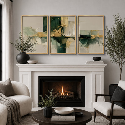 «Sage Green Gold Layered Block Abstract Art», images de salon, impression sur toile encadrée, 3 pièces