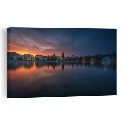 Charles Bridge Sunrise Reflections Colorful Dramatic Peaceful Architecture City Wall Art Print 1 Piece Wrapped Canvas Wall Art