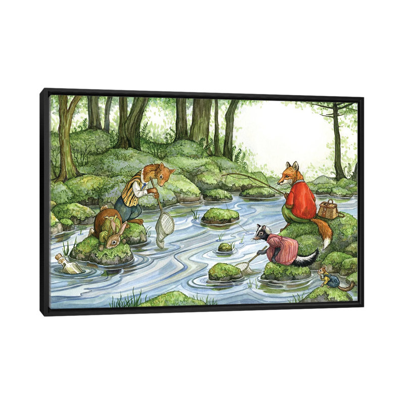 Pêche avec le renard et ses amis, Toile avec cadre flottant noir, Pas de tapis, H 40 po x l 60 po x P 1,5 po