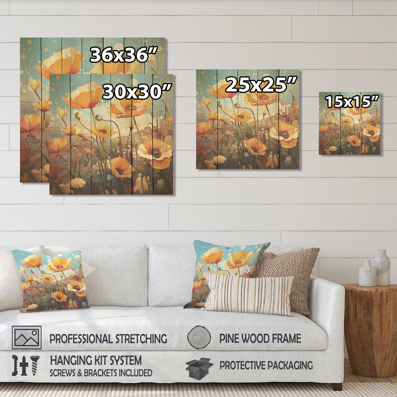 Jaune et vert Poppy Meadows I - coquelicots sur bois, H 36 po x l 36 po