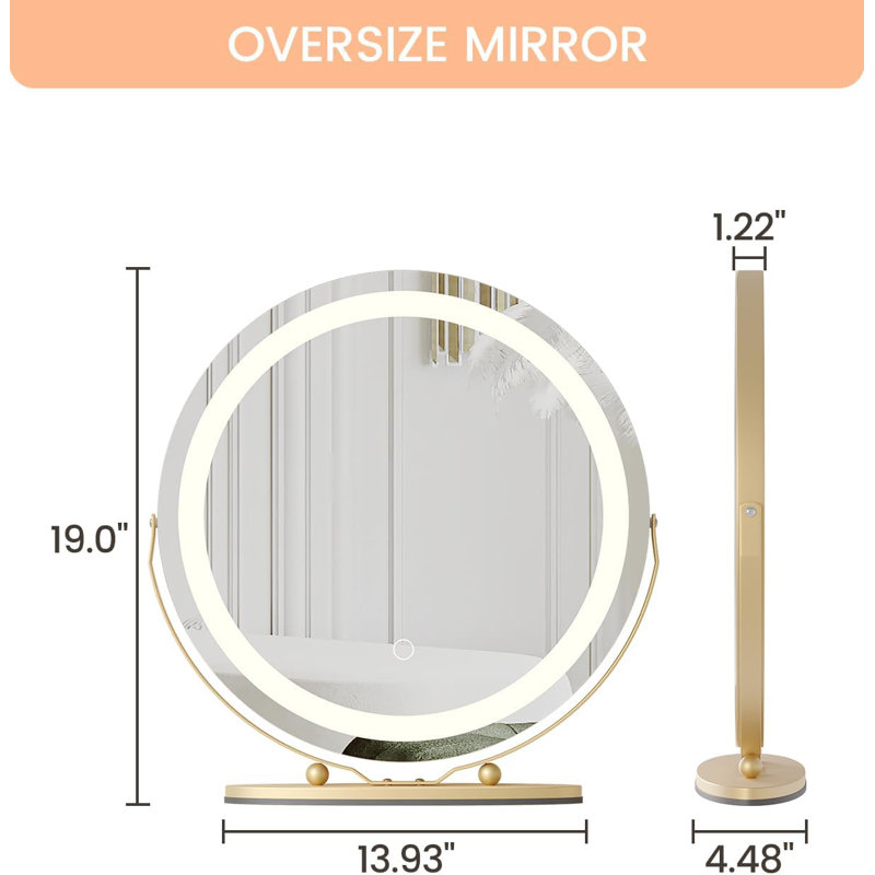 Grand miroir de maquillage pour meuble-lavabo de 19 pouces avec lumières, miroir de maquillage à intensité variable 3 couleurs à contrôle tactile, éclairage impeccable pour un maquillage professionnel, conception rotative à 360 °