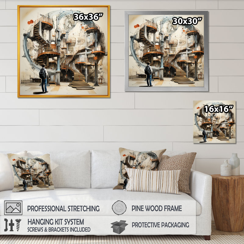 Reproduction d'escalier surréalisme sur toile, Cadre simple noir, H 24 po x l 24 po x P 1 po