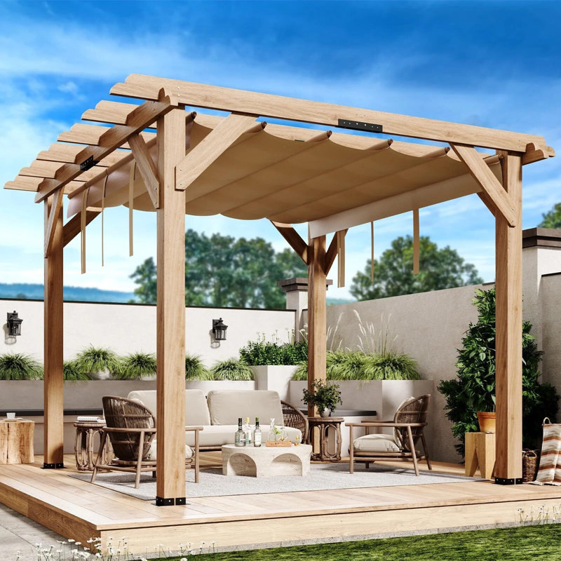 Pergola en bois de cèdre avec structure solide, auvent rétractable, durable, résistant à la pourriture, Naturel
