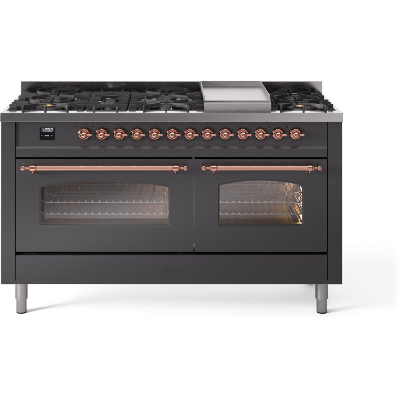ILVE Nostalgie II 60 Dual Fuel Range, 9 Burners, Griddle, Graphite Matte/Copper, Natural Gas
