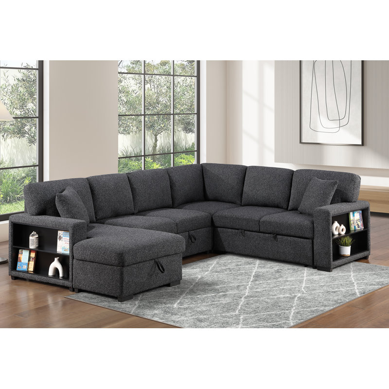 Canapé-lit modulaire en U escamotable avec méridienne de rangement, Gris foncé
