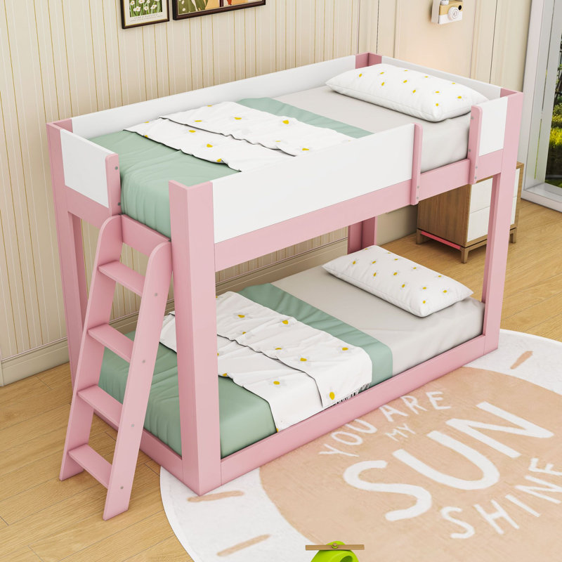 Lit superposé avec échelle réversible, barrières de sécurité et sommier à lattes en bois, Simple sur simple, Rose