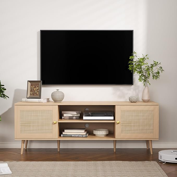 TV Stand, Boho Entertainment Center With Storage, Modern Mid Century Media Console With Rattan Doors And Adjustable Shelf, Wood TV Stand For Living Room