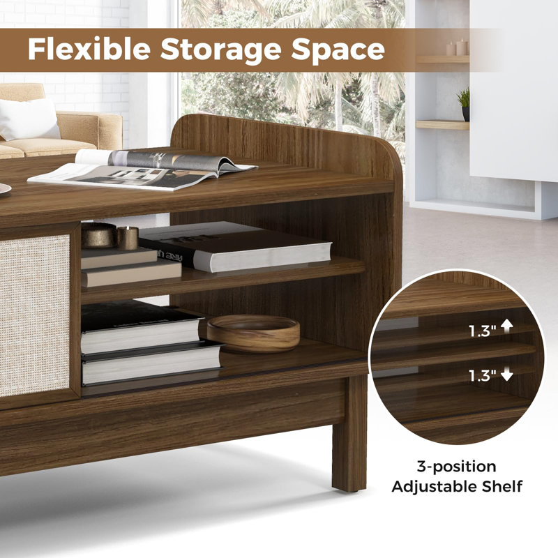 Ebern Designs Rectangular Coffee Table With Storage Weaving Sliding Door & Adjustable Shelf