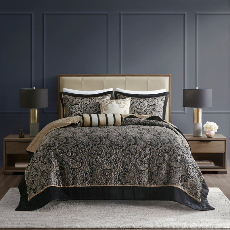 Ensemble de couvre-lit 5 pièces en jacquard avec coussins noirs, Noir, Couvre-lit grand + 4 pièces supplémentaires
