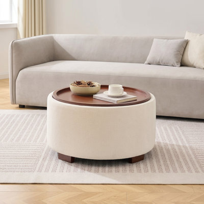29" Round Storage Ottoman With Tray, Upholstered Coffee Table For Living Room Bedroom