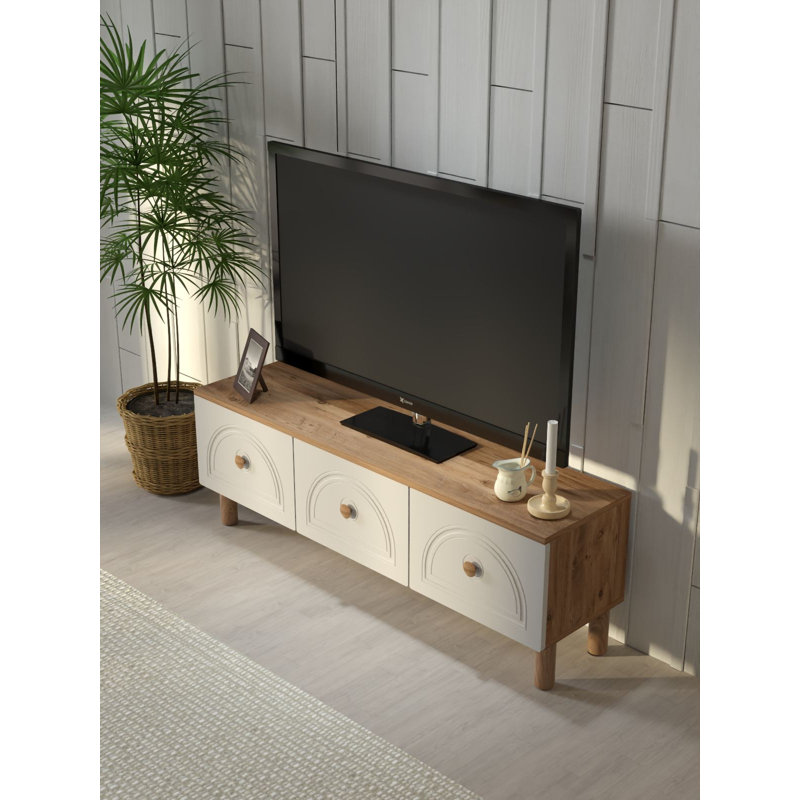 Meuble télé moderne avec capacité de fixation murale, pin atlantique et finition blanche, 53,1 po x 18,5 po x 13,8 po | Panneau de particules 100% mélaminé, 0,7 po d'épaisseur | Plusieurs tablettes pour le rangement, design élégant pour les espaces contemporains