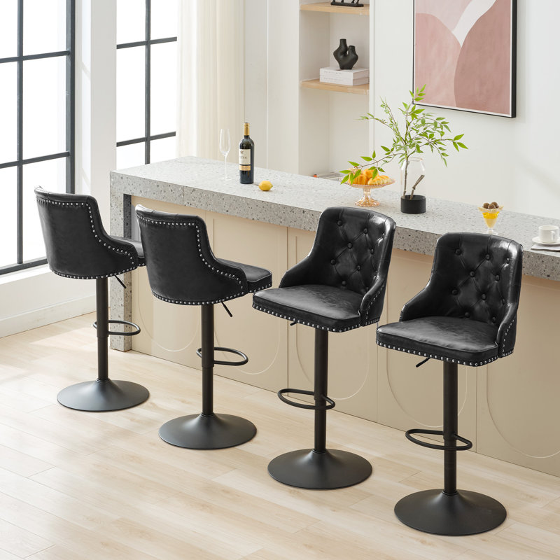 Swivel Upholstered Adjustable Height Bar Stool(Set of 4), Black
