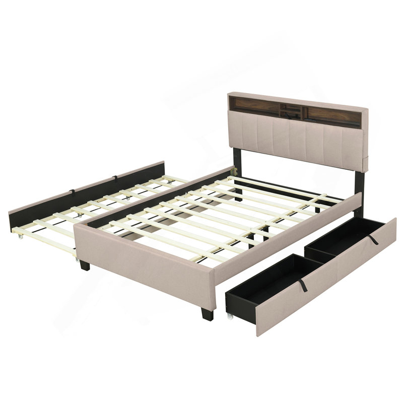 Grand lit plateforme tapissier grand avec tête de lit, lit gigogne simple 2 tiroirs et un ensemble de prises USB, tissu en lin, gris