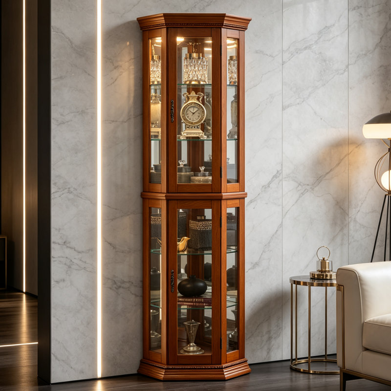 Vitrine d'angle éclairée, fini chêne, avec étagères réglables et fond miroir, meuble de rangement pour objets de collection, poignées en laiton, idéal pour le salon, la salle à manger et le bureau.