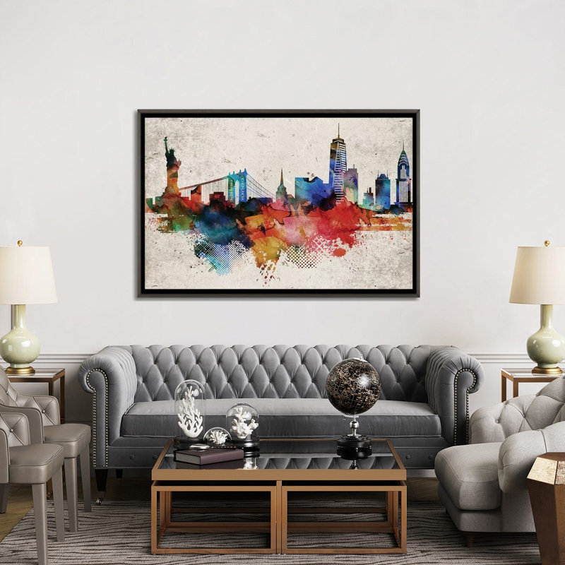 New York Abstract - impression d'art graphique, H 40 po x l 60 po x 1,5 po, Aucun mat, Toile encadrée de bois rustique foncé