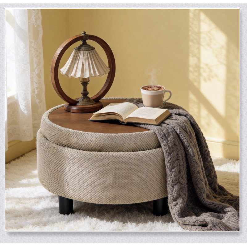 25 Inch Round Storage Ottoman With Tray, Modern Tufted Fabric Circle Coffee Table For Living Room And Bedroom, Camel