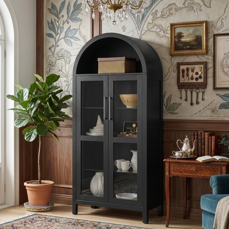 67" Arched Display Cabinet With Integrated LED Lighting, Modern Retro Curio With Adjustable Glass Shelving (Available In Brown & Black)