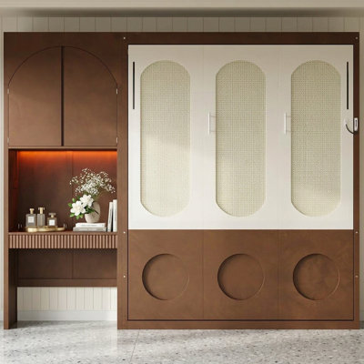 Queen Size Murphy Bed with Cabinet and LED Light and Built-in Desk and Drawers