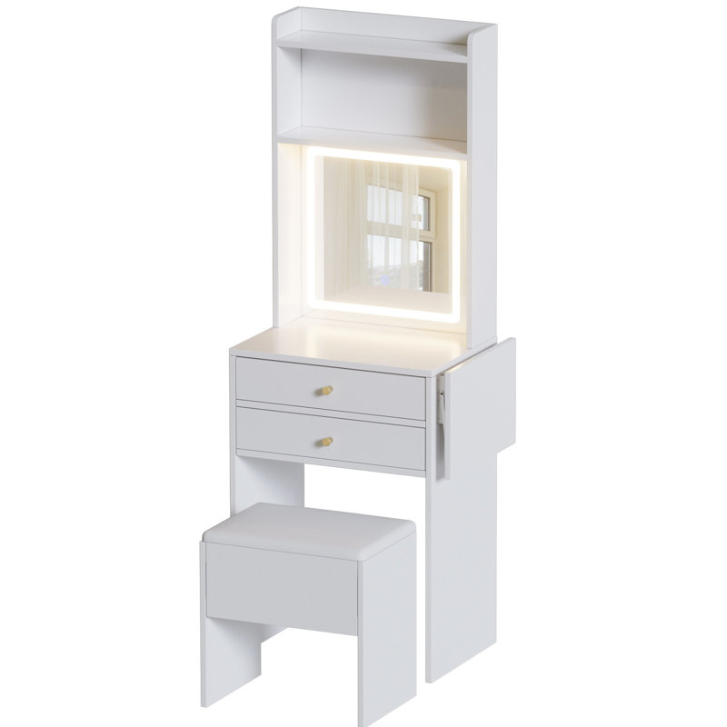 Petit meuble-lavabo de chambre avec 3 miroirs lumineux réglables et une chaise de rangement - blanc, panneau pour la table de maquillage