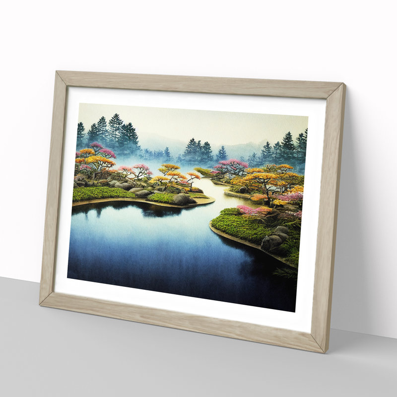 Watercolour Japanese Garden Pond Vol.2 - Single Picture Frame Print, 34cm H x 46cm W x 2cm D, Oak
