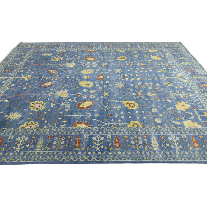 Tapis oriental bleu Oushak Chobi Mute 4X6, Rectangle 10 pi x 13 pi 10 po 