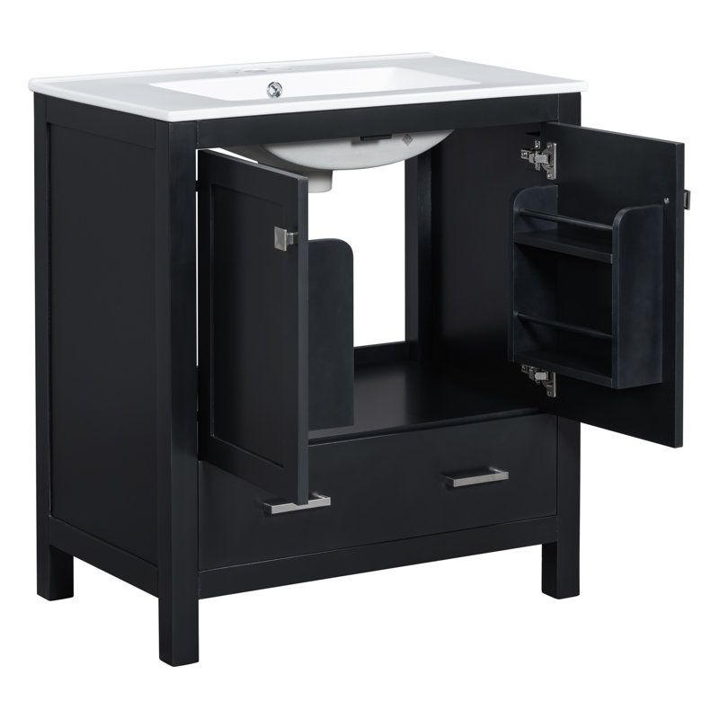 30" Black Bathroom Vanity With Single Undermount Sink, Solid Wood Frame, 2 Doors & Drawer, Soft Closing Multifunctional Storage Cabinet