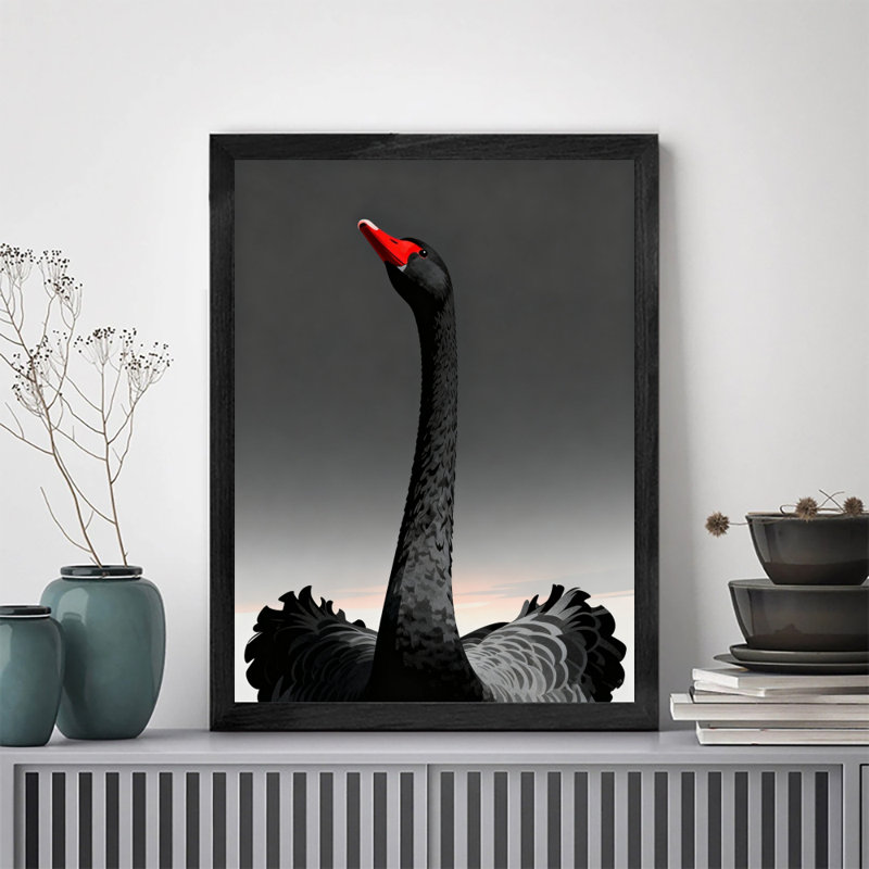 Art encadré noir, cygne noir à bec rouge, impressions rétro de style rétro, H 11 po x l 9 po