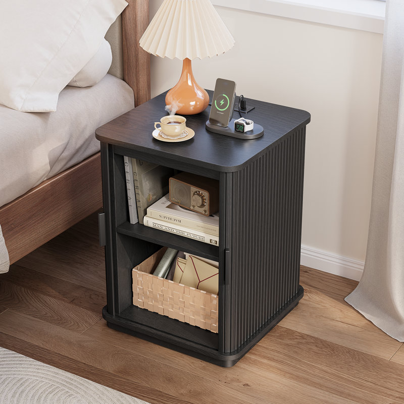 17.7" Square End Table with Charging Station, Modern Wood Side Table with Storage Cabinet, Accent Nightstand for Living Room, Bedroom & Small Spaces
