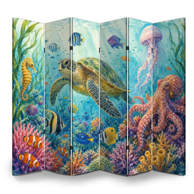 6 panneaux de paravent pliant paravent Royal coloré sous-marin tortue de mer pieuvre corail poissons tropicaux séparateur de toile séparateur de protection autoportant cloison d'intimité pour salle de bain