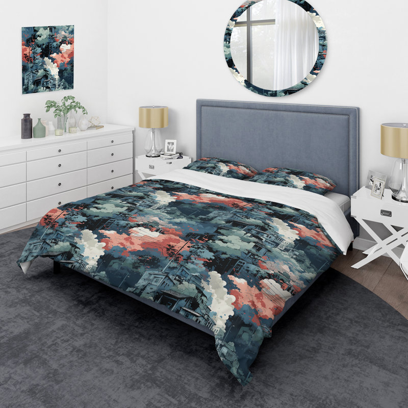 Ensemble de housse de couette bleu et blanc Cityscape, Housse de couette pour très grand lit et 2 très