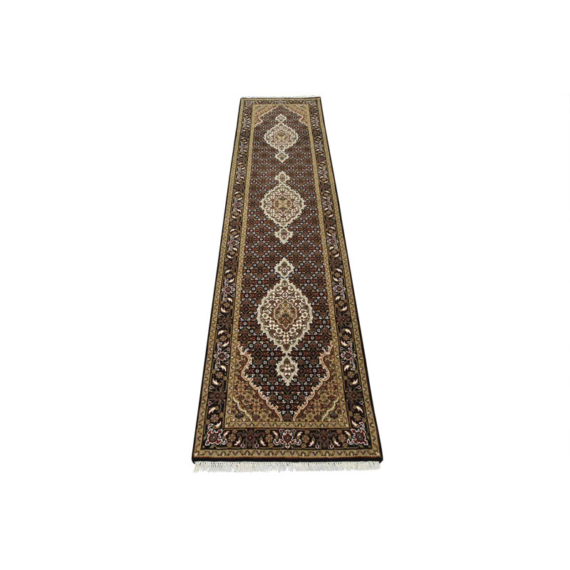 Tapis traditionnel fin en laine noire noué à la main 2 pi 7 po x 9 pi 10 po