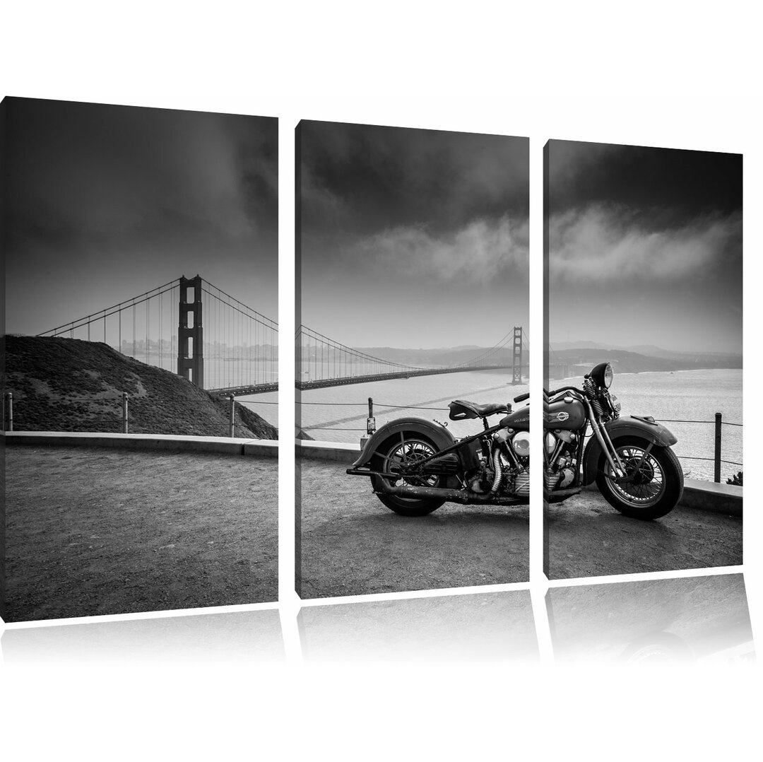 3-tlg. Leinwandbilder-Set Harley Bike an Golden Gate Bridge Fotodruck