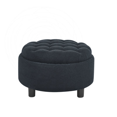 Round Storage Ottoman with Wooden Tray and Tufted Fabric