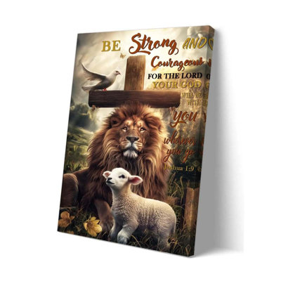 Lion And Lamb Pictures Wall Decor Be Strong And Courageous Joshua 1 9 Wall Art Bible Verse Poster 12X18 Inches