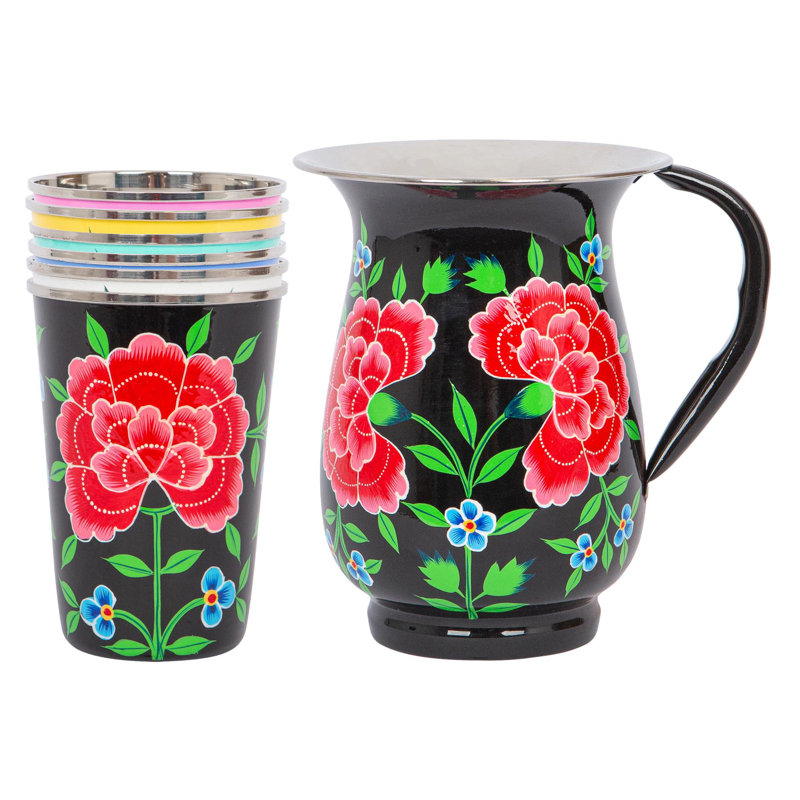 East Urban Home Hand-Painted Picnic Water Jug with 400ml Multicolour Cups - 1.7L - Raspberry Peony, Black