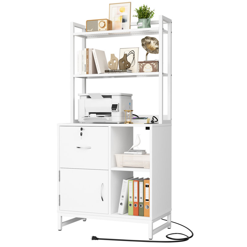 57.9" × 27.6"  Large Drawer Wood Bookshelf With Lock & Charging Station, White