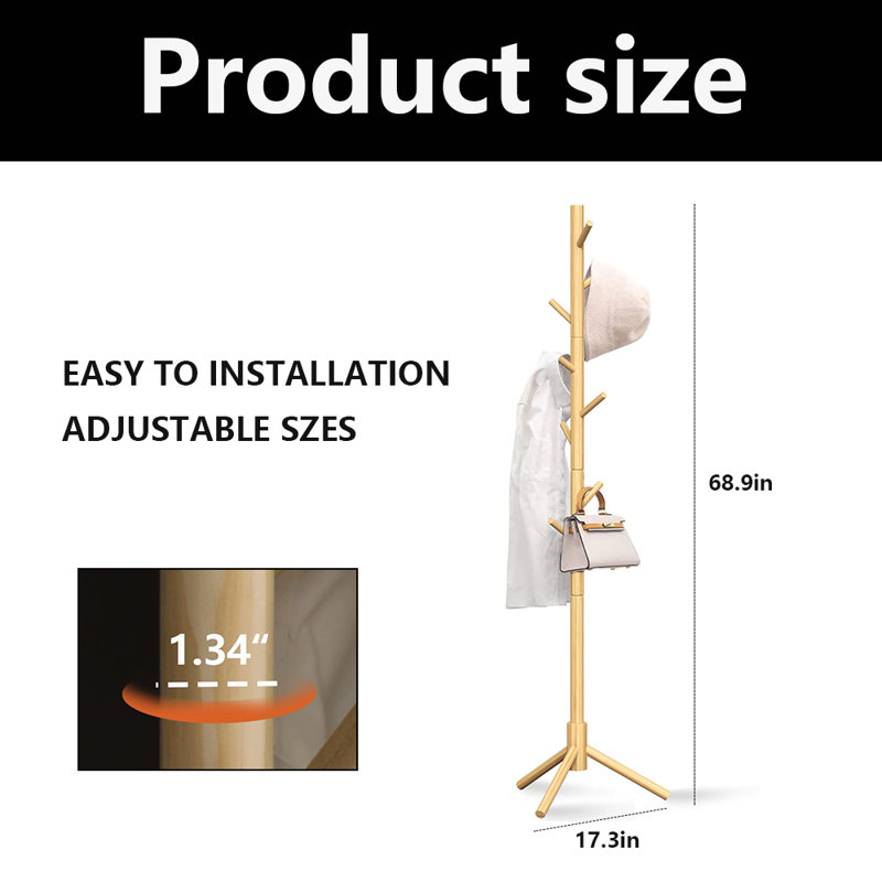 Coat Rack Freestanding With 8 Sturdy Hooks, Natural