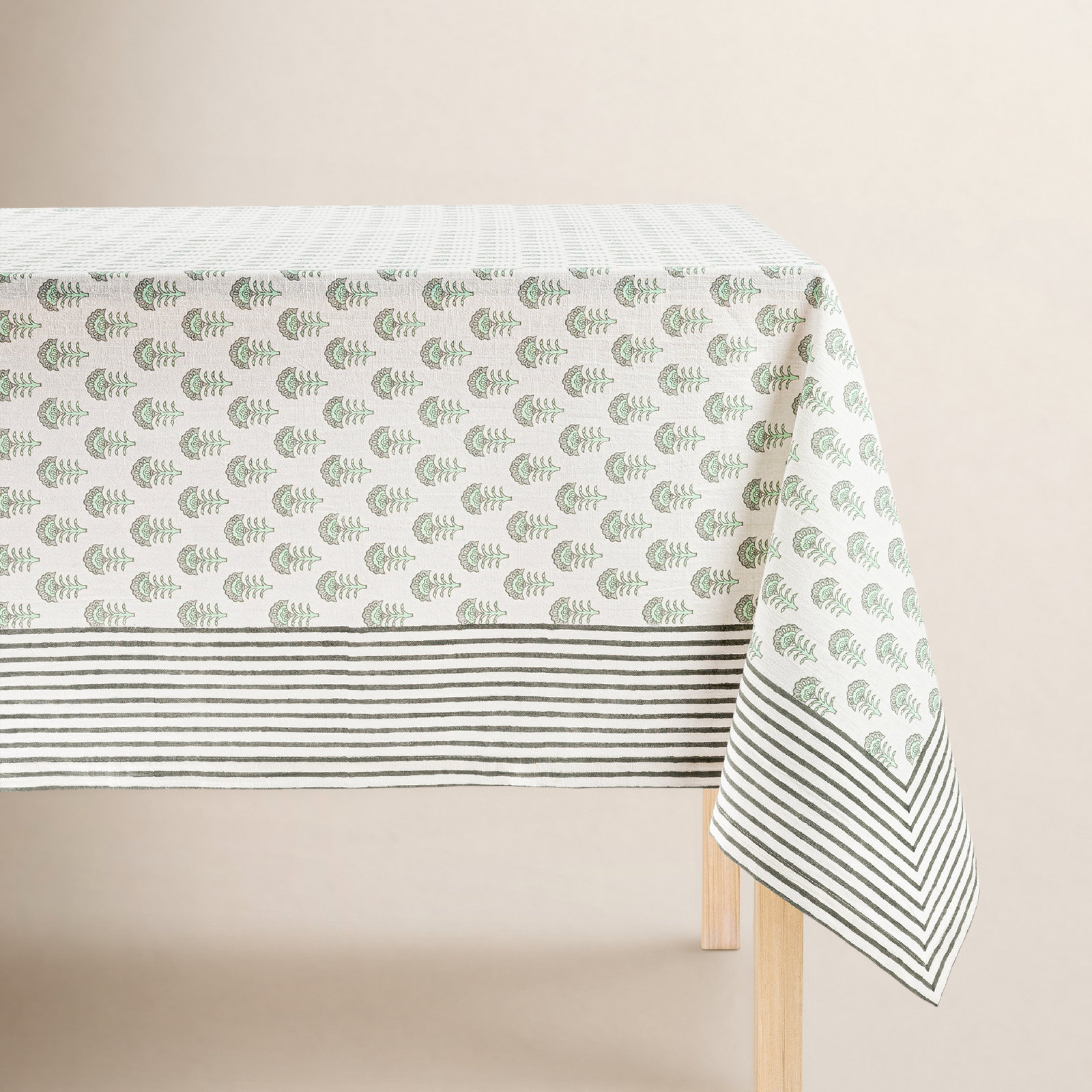 Hand-Blocked Tablecloth, 70" W x 90" L, Green Flower