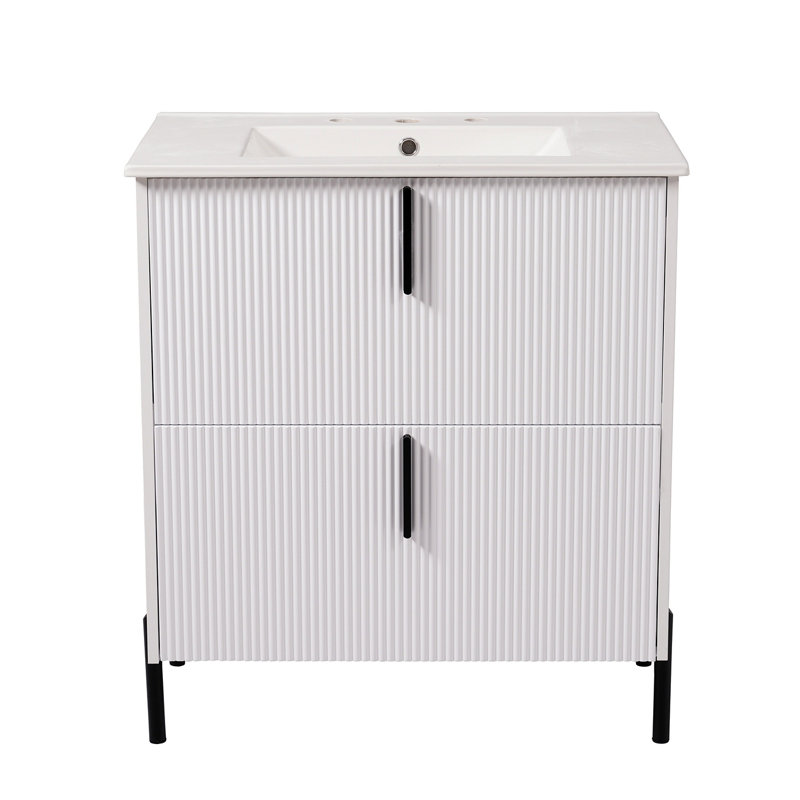 Meuble-lavabo de 30 po avec lavabo en céramique et tiroirs pleine extension, glissières de tiroir à fermeture en douceur, conception cannelée,
