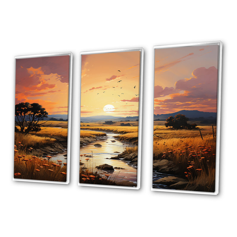 Ensemble de décorations murales Prairies Landscape Fusion At Sunset, H 40 po x l 60 po x P 1 po, Cadre flottant blanc